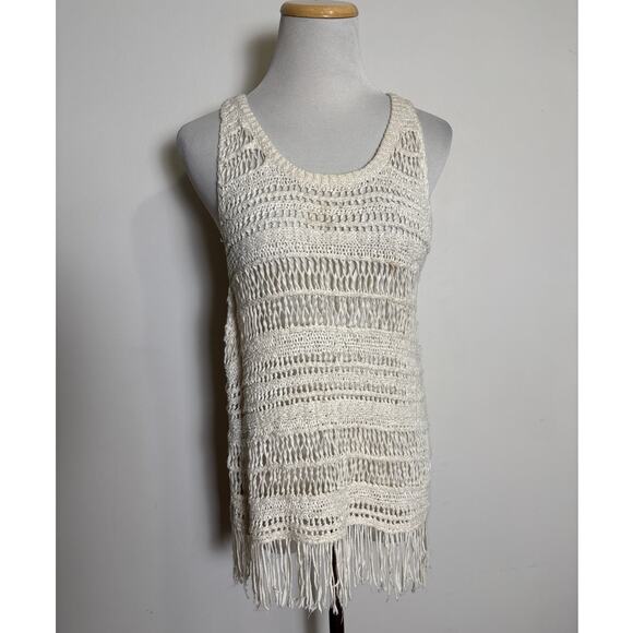 American Eagle Outfitters Tops - American Eagle Crochet Knit Tank Top Fringe Hem SZ Large Ivory Beachy Boho Sheer